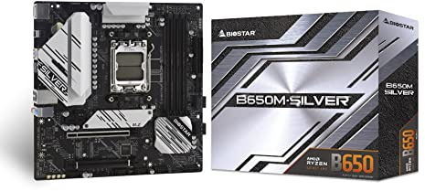 Biostar B650M-SILVER Micro ATX Motherboard, PCIe 4.0, 10+2+2 Phase Dr.MOS Power, 4 SATA 3, 2 PCIe 4.0 M.2, HDMI, 24-Pin