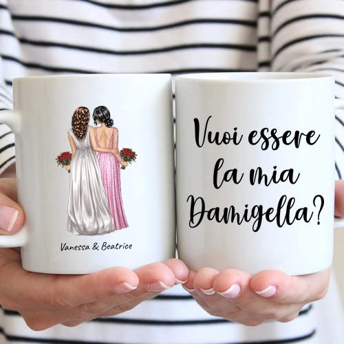 Vulfire Damigella Testimone regalo Tazza Personalizzabile - Nome, Capelli, Abito e tanto altro da Personalizzare - Idee Regalo donna per lei matrimonio (Bianco, Ceramica)