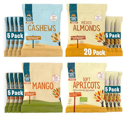 Crazy Jack Organic Fruit & Nut Snacking Bundle 20 x 30g–40g Snack Packs | Cashew Nuts, Mixed Almonds, Dried Mango & Soft Apricots | 100% Organic, No Added Sugar | Healthy Vegan Snack Variety Pack