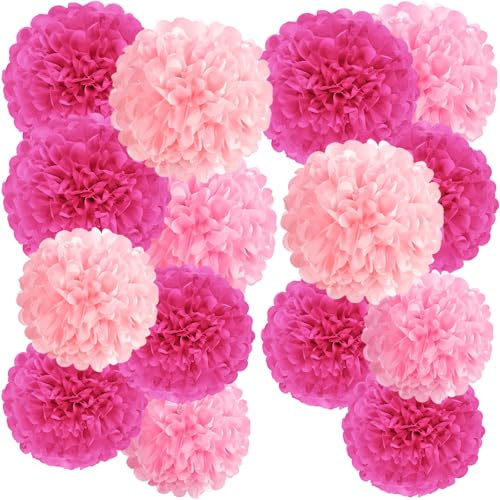 SUNBEAUTY 15 Pompon di Carta Velina Colore Rosa Decorazione per Matrimoni Decorazione da Tavolo Compleanno Baby Shower Fetse in Giardino