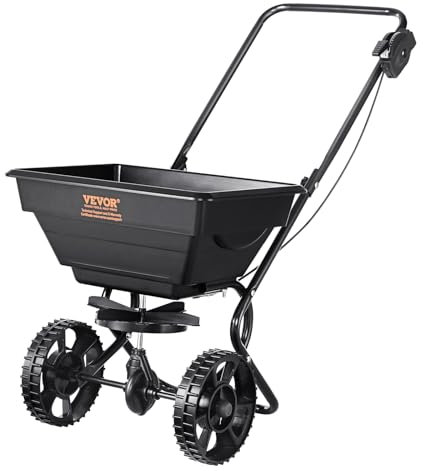 VEVOR Épandeur d'Engrais 11 kg Épandeur à Sel Déneigement à Graines avec Grandes Roues 203 mm​ Trémie 15 L Semoir à Semence de Gazon en Acier pour Terrains Résidentiels, Agricoles, Difficiles, Noir