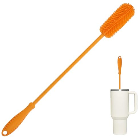 ddLUCK Flaschenbürste Silikon mit Lang Griff, 40 cm Flaschenreiniger Bürste | Orange, langer Griff, für Babyflasche, Trinkflasche, Gläser, Thermoskanne und Flaschen mit kleinem Öffnungsdurchmesser