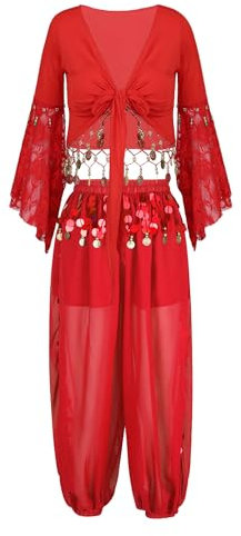 Freebily Damen Bauchtanz Kostüm Indische Tanzkleider Puffärmel Münzen Bauchtanz Oberteile Pluderhosen Rock Belly Dance Outfit Rot_A XXL