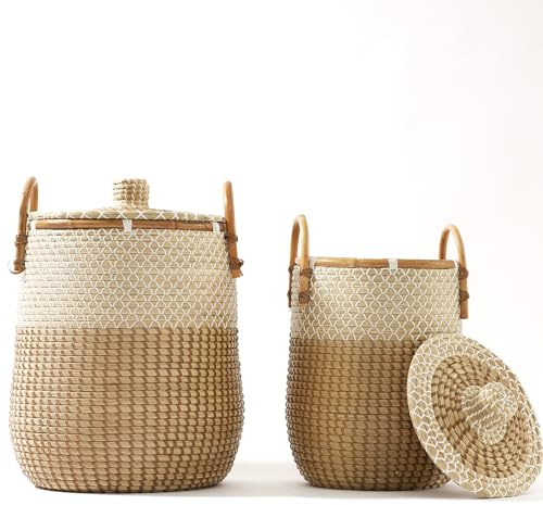 Laundry Baskets Hamper Set of 2, 85L Seagrass Handwoven Storage Basket Clothes Hamper with Handles, 100% Natural Vietnamese Woven Wicker Basket with Lid for Living Room Any Home Style
