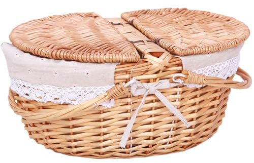 Hamper de pique-nique, panier de pique-nique, panier en osier avec poignées de pliage doubles et couvercles panier de paniers en osier vide panier tissé rustique pour fruits de collation, beige