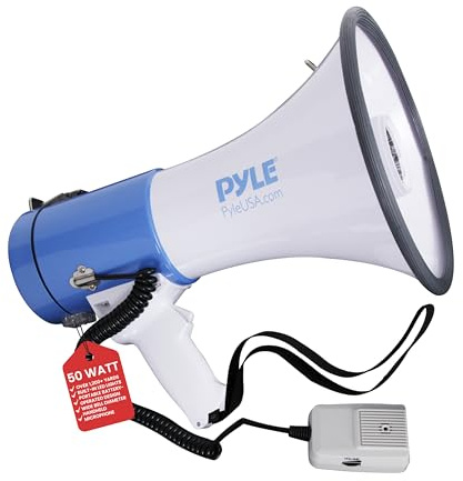 Pyle PMP51LT.5, Altoparlante megafono con luci LED Integrate-PA Bullhorn con modalità Allarme Sirena e Controllo del Volume Regolabile Unisex-Adulto, Bianco, azurro, 9.0'' (Diameter) x 13.8'' (Length)