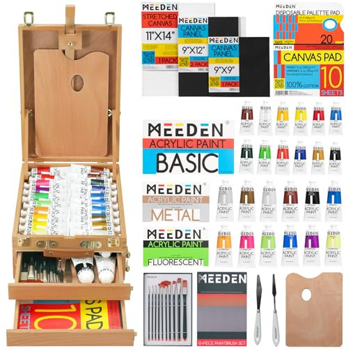 MEEDEN Acrylfarbe Malset mit Staffelei: 44 teiliges Kunstzubehör Malset mit Tischstaffelei für Erwachsene - 24 Acrylfarben, Pinsel, Leinwand, Paletten & Zubehör