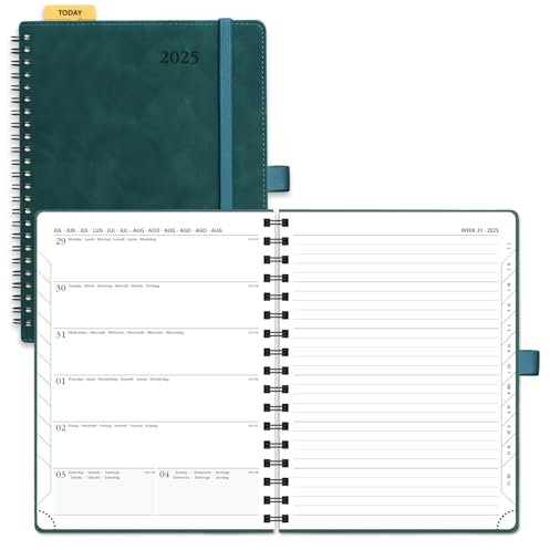 POPRUN Kalender 2025 Buchkalender Ringbuch mit Softcover, ca. A5 (22 x 16,5 cm) - Terminplaner, Wochenplaner Notizbuch (Jan.2025-Dez.2025) mit 100 GSM Papier - Petrolgrün