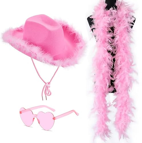 Haayymo Novelty Cowboy Hat with Feathers Pink, Felt Cowgirl Hat for Party Costume Dress Up(Pink)