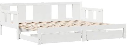 vidaXL Tagesbett, Bettsofa Ausziehbar mit Schubladen, Gästebett ohne Matratze mit Lattenrost, Ausziehbett Schlafsofa, Weiß 90x190cm Massivholz Kiefer