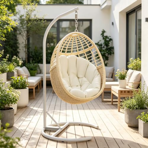 Vmopu Hängesessel mit Gestell, Eierschaukelstuhl Outdoor, Beige | Wetterfester PE-Rattan & rostfreier Stahl. 150 kg Belastbarkeit. Für Garten, Terrasse, Balkon & Wohnzimmer.