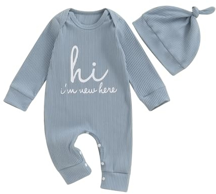 Geagodelia Newborn Baby Boy Hello Im New Here Baby Grow Long Sleeve Romper One Piece Outfit with Hat Cotton Autumn Winter Clothes for Babies (Blue, 0-3 Months)