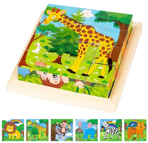 Würfelpuzzle Holz, 3D Bilderwürfel Puzzlespiele, 6 in 1 Tier-Motive Holzpuzzle Montessori Spielzeug mit 16 Würfel Lernspielzeug Holzspielzeug Geschenk für ab 1-8Jahren Jungen und Mädchen (Wildtiere A)