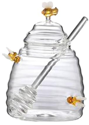 Fenteer Honigtopf, Honigbehälter, stabil, transparent, mit Schöpflöffel, Honigglas mit Deckel, Honigspender aus Glas für Party, Küche, Hochzeit, Zuhause, Gelbe Biene500ml