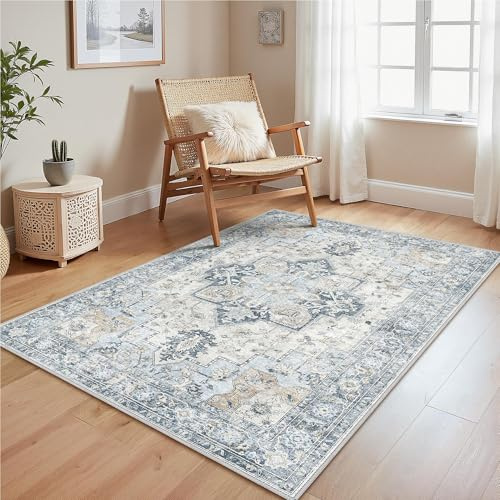 GENIMO Vintage Boho Teppich Blau, Waschbar fürs Wohnzimmer, 120x170 cm | Weicher Kurzflor, Rutschfeste Rückseite, Pflegeleicht für Schlafzimmer und Esszimmer