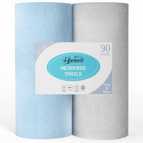 HONOVA Microfiber Cleaning Cloth Roll 90 Pack, Tear Away Microfiber Towels, 12 x 12, Reusable Paper Towels, All Purpose Paper Towels for Kitchen, Window, Car, Shop(Blue&Grey)