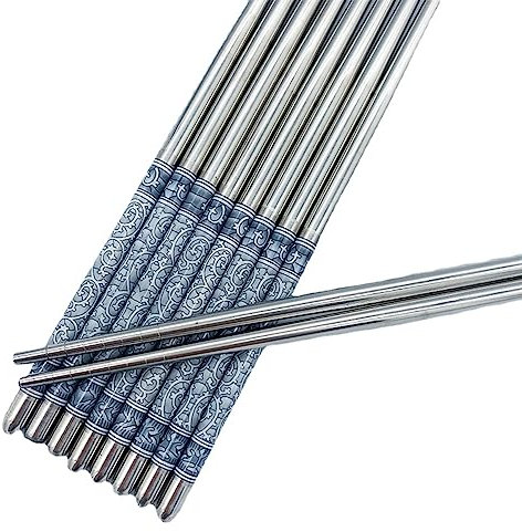 LSDLOUYAQNG Bacchette Cinesi Bacchette, 10 Paia da 22 cm in Metallo Antiscivolo, Design retrò, Blu, Bianco, Modello in Porcellana, Bacchette in Acciaio Inossidabile