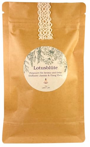 LandLuft Lotusblüte Duft Potpourri, Jasmin & Ylang Ylang, Getrocknete Blüten für Raumduft und Dekoration, Ätherische Öle, Aromatherapie Duftmischung, Entspannung und blumige Frische für Ihr zu Hause