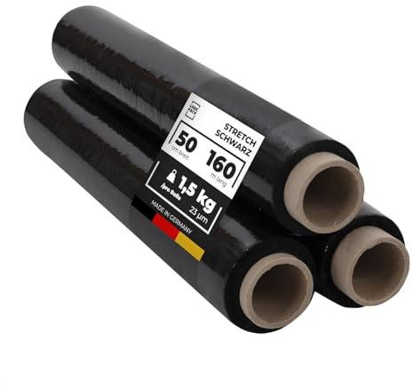 LOGIC PACK 3x Film Étirable Déménagement Noir - Rouleau de Palette Plastique d'Emballage Haute Résistance - 50 cm x 160 m, 1.5 kg - Protection pour Meubles, Colis et Expéditions, Fabriqué en UE