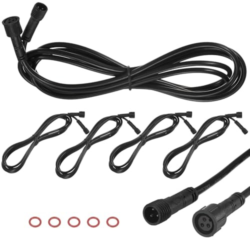 M METERXITY 5-Pack Waterproof Extension Cable, 3 Pin 6.56 Ft/2m Extension Cord Wire with 22AWG IP67 Male and Female Connectors for Outdoor Spotlights/LED Deck Lights [Black]