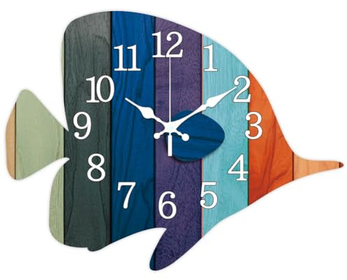 CHGCRAFT Fisch Wanduhr Bunt Gestreifter Fisch Nicht tickende Uhr Unregelmäßig Geformte Dekorative Bedruckte Wanduhr für Home Office Dekoration, 12.4×16 Zoll