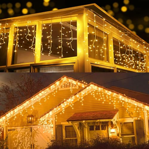 PhilzOps Luci Natale Esterno Cascata,600 LED 20M Tenda Luminosa Esterna Luci Stringa Natalizie Impermeabile 8 Modalità Catena Luminosa Decorazione per Interno Giardino Feste Finestra, Bianco Caldo