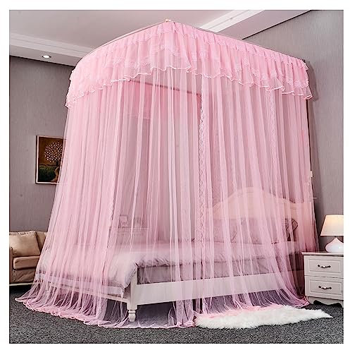 Generisch Moskitonetz-Betthimmel für Mädchen und Erwachsene, Edelstahl-Himmelbettrahmen, Vorhänge, Himmelbettrahmen, Pfostenstangen, U-Schienenform, Pink, Queen