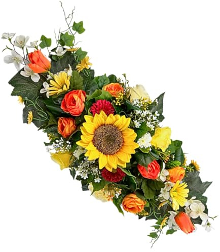 Künstliches großes Blumengesteck Grabschmuck Aufleger, mit Sonnenblumen Rosen Tulpen Gelb Orange | auch für Wohnung, Büro, Praxis | 65x35cm lang täuschend echt - EU handmade - Innen & Außenbereich