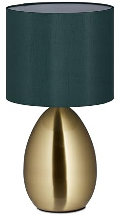 Relaxdays Tischlampe, Metallfuß, Stoffschirm, E14, HxD 33,5x18 cm, Nachttischlampe mit Kabel, Schlafzimmer, Messing/grün | HxD 33,5x18 cm, Nachttischlampe mit Kabel, Schlafzimmer