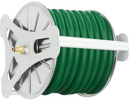 KiwiHood 131ft Wall Mount Garden Hose Reel Heavy-Duty Stainless Steel Storage Rack Professional Hose Holder Organizer with Quick-Connect for 0.63in Hoses for Gardens, Farms & Commercial Use