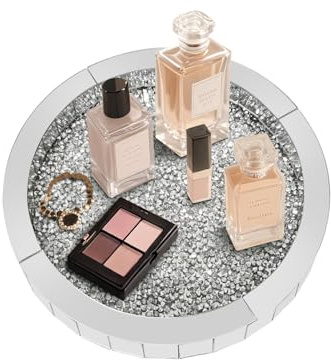 Artloge Plateau à Bijoux en Verre Argenté avec Diamant Design, 30cm Plateau Miroir de Rangement Rond pour d'oreilles Bague Cosmétiques Bougie Parfum, Décoration Maison pour Salon Vanité