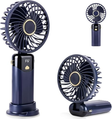 AUAUY Handventilator 6 Geschwindigkeiten Digitalanzeige, Zusammenklappbarer | Tragbarer USB Wiederaufladbarer Ventilator, Handventilator, Tischventilator mit Basis, für Home Büro Make-up Outdoor