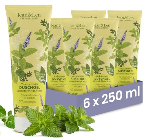 Gel douche revitalisant Jean & Len Verveine citronnée & Menthe, en coffret pratique, nettoyage doux, parfum frais, sans microplastiques ni huiles minérales, gel douche vegan, 6 x 250 ml