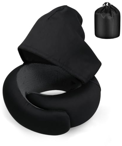 HNCY Oreiller De Voyage Mousse À Mémoire, Coussin de Voyage avec Capuche, Ergonomique Oreiller de Voyage avec Masque, Bouchons d'oreilles et Sac Inclus, Idéal pour Voyager en Avion, Train et Voiture