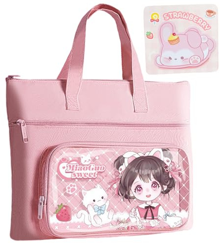 ZenyTra A4 Dokumententasche Mit Notizzettel - Cartoon Design & Mehrfachfächer, 1x Tragetasche + 1x Haftnotizen-Set, Wasserdicht & Doppel-Reißverschluss Für Schule/Büro (Rosa Mädchen)