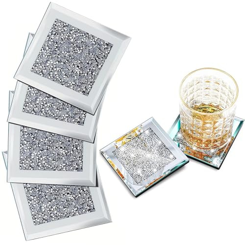 Juego de posavasos de cristal de diamante triturado, almohadillas cuadradas de cristal de espejo, protectores de mesa de lujo para cocina, restaurante, bar, elegante decoración de mesa de comedor