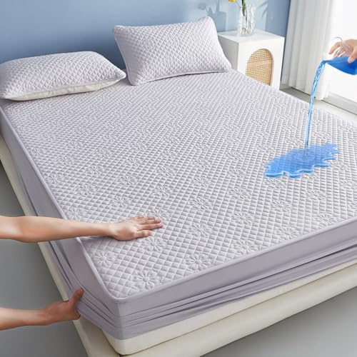 LDLCYCN Grigio,120 * 200cmFULL, Materasso Impermeabile Protettore Regina Re Full Size Tessuto di Cotone Lavato Copertura del Materasso Copertura Letto Morbido per Casa Camera da Letto Hotel