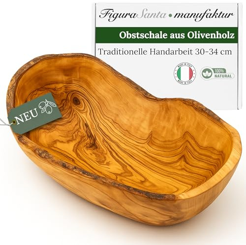 Figura Santa Olivenholz Obstschale rustikal - Handgefertigte Holzschale, mediterrane Schüssel für Snacks, Obst & Brot, nachhaltige Tischdekoration (30-34cm)