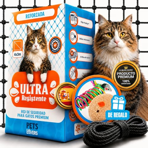 Petslovers Red para Gatos Terraza 4x3m Negra Reforzada con Acero Inoxidable | Kit Montaje Sin Taladro Anti UV Incl 2 Juguetes, Red Gatos Ventanas sin Taladro, Red Gatos Terraza, Malla para Gatos Balcón