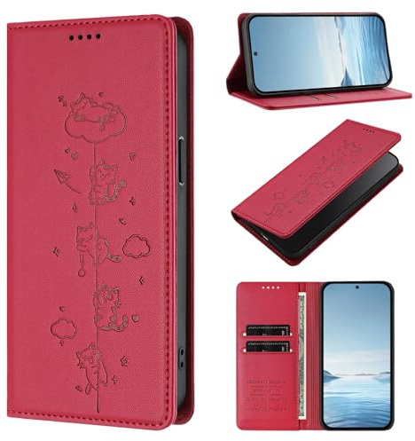 BEENTRYS Cuero PU Funda para Motorola Moto E20 / E30 / E40 Funda,Carino Gato Cartera con Tapa Ranuras para Tarjetas Soporte Magnético Flip Case Protección RFID Antigolpes Carcasa-Rojo