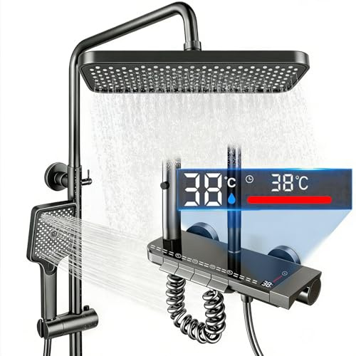 TEKXDD Colonne de Douche Hydromassante avec Affichage Numérique, Éclairage LED et Matériau Aérospatial Aluminium - pour Douche Pluie, Installation Murale，Panneau de Contrôle Tactile