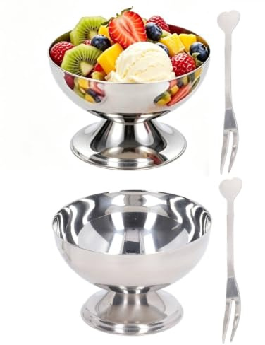 Tissting Glasskoppar i rostfritt stål, dessertskålar klara glassskålar trippelskål serveringsfat för desserter, Sundae, sallad, cocktail, smaktillsats (2 x stora korta fötter + 2 x gafflar)
