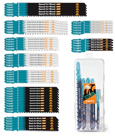 50PCS T-Shank Jig Saw Blades Set, EXFEIN Assorted Blades for Wood (T101AO,T101B,T101BR,T119BO,T308B,T144D,T111C,T344D)