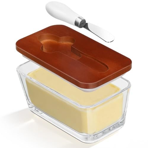 Romon Mantequillera, Recipiente De Vidrio Sin Plomo Con Tapa Marrón Y Cuchillo, Apto Para Queso Y Fruta, Lavable En Lavavajillas