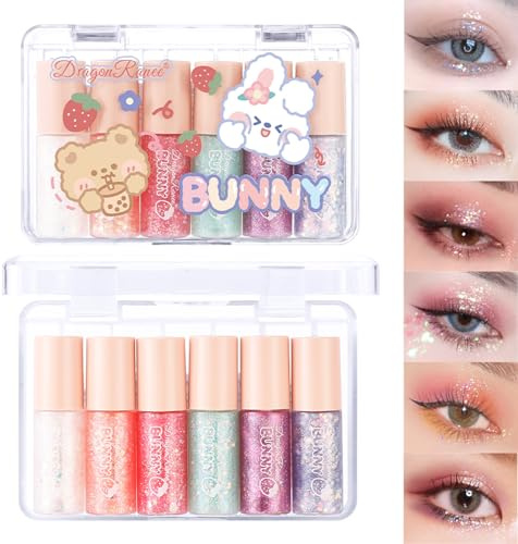 Baorder 6-delat set med flytande glitter ögonskugga, skimrande ögonmakeup, långvarig, snabbtorkande och högpigmenterad, koreansk eyeliner smink