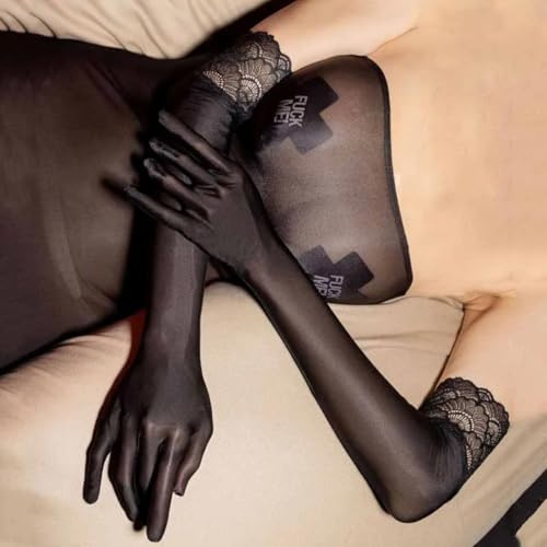 CHENWEIHAI Glossy Shiny Gloves Women Glossy Lace Stockings Gloves Sexy Transparent Elastic Finger Tight Mittens Party Fashion Long Gloves(One Size/Black)