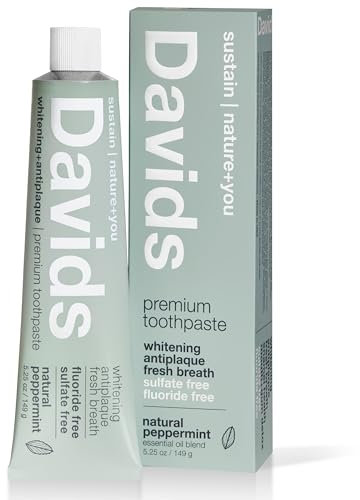 Davids Natural Whitening Toothpaste, Antiplaque, Fluoride Free, SLS Free, Peppermint, 5.25 OZ Metal Tube, Tube Roller Included