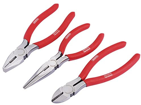 Draper Redline 3 Piece 160mm Plier Set | PVC Dipped Handles Hand Tools Kit | Carbon Steel Long Nose Pliers | Combination and Diagonal Side Cutters | Hardened Jaws and Cutting Edges | 67924