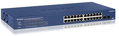 NETGEAR Switch PoE Smart 24 porte GS724TP, Switch Ethernet Gigabit 24 da 1G, 24 PoE+ a 190 W, 2 SFP da 1G, gestione Insight cloud opzionale, montaggio desktop o su rack e assistenza limitata a vita