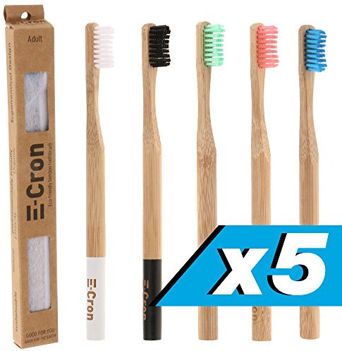 5 x Cepillo de dientes de bambú E-Cron con un mango respetuoso con el medio ambiente, 100% ecológico y biodegradable. Su cuidado dental natural con el toque cálido y limpio del bambú.